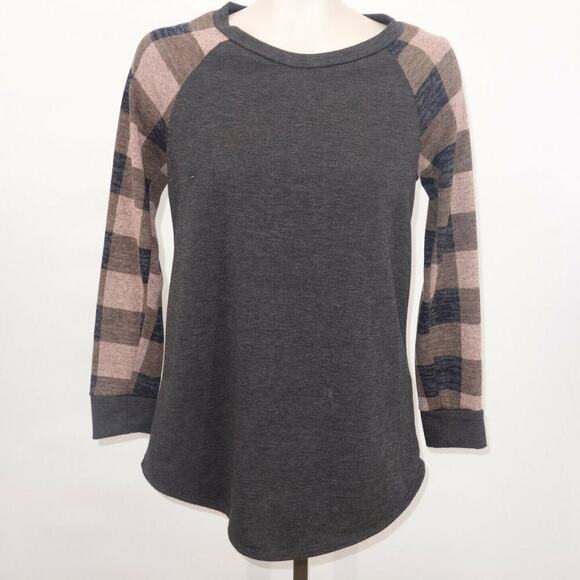12PM by Mon Ami Tops - 12PM by Mon Ami Gray Shirt Green Pink Black Plaid Sleeves Women's Small 4/6